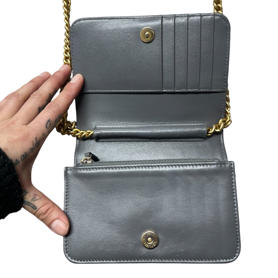 CHANEL Boy Chanel Mini Matelasse Chain Shoulder Bag Caviar Skin Gray  CH2093