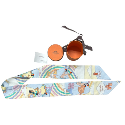 HERMES Twilly Carres Volants Silk Scarf Cream Blue Multicolor HE437