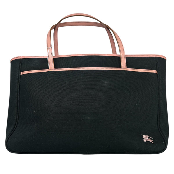 BURBERRY Horse Logo Canvas Tote Bag Black Pink Trim Handbag BU1215