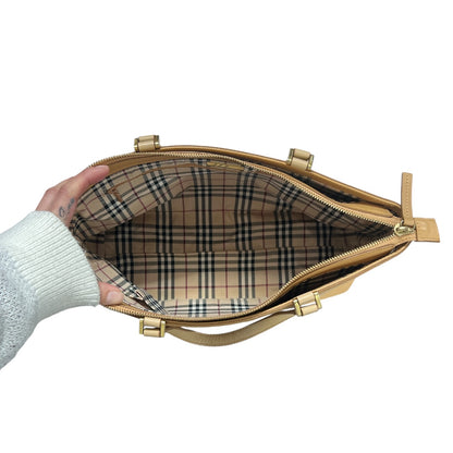 BURBERRY Leather Tote Bag Beige Nova Check Lining Handbag  BU1216