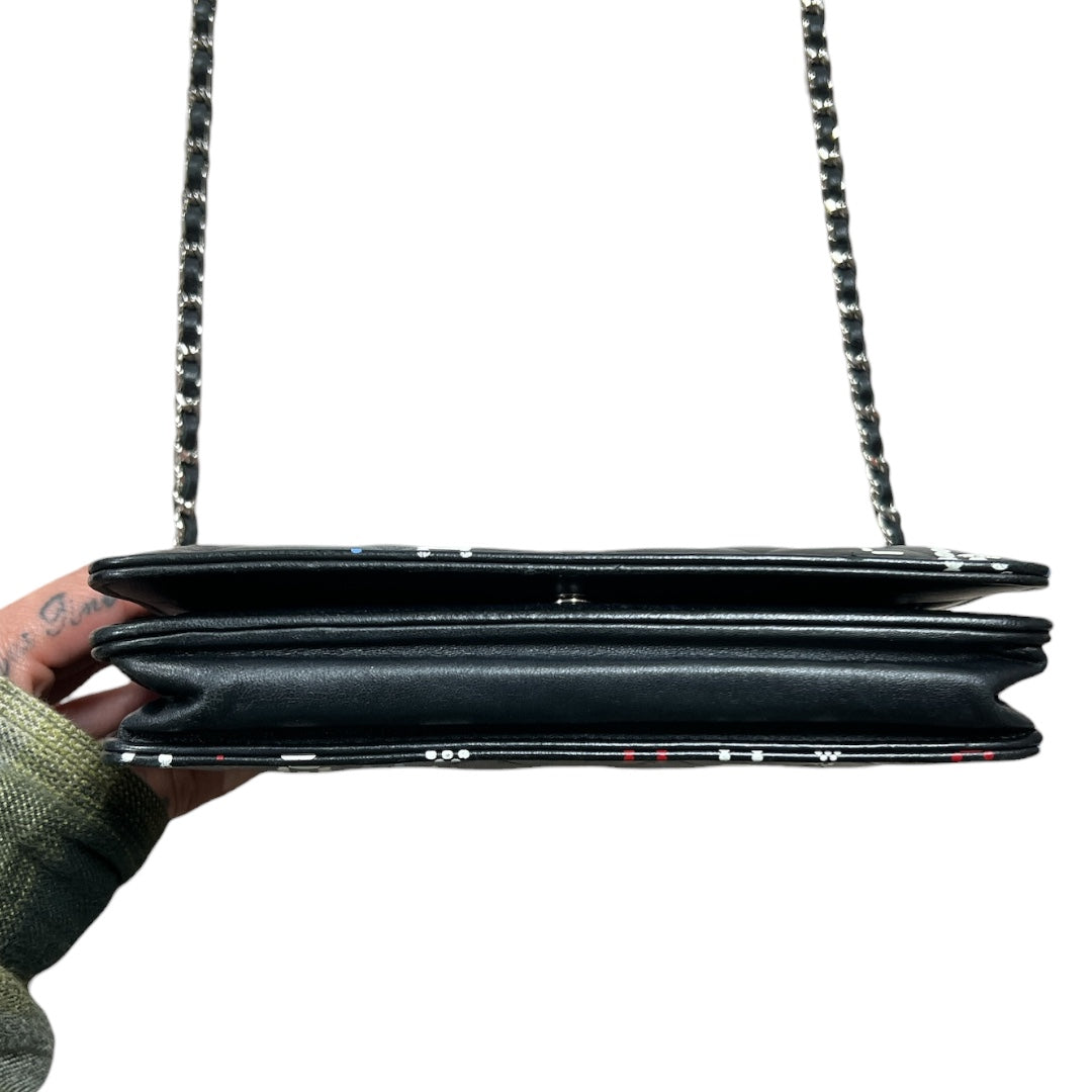 CHANEL Typography Print Chain Wallet WOC Quilted Leather Black CH2107