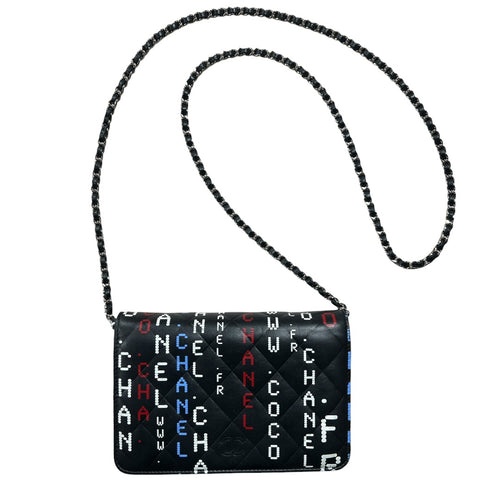 CHANEL Typography Print Chain Wallet WOC Quilted Leather Black  CH2107