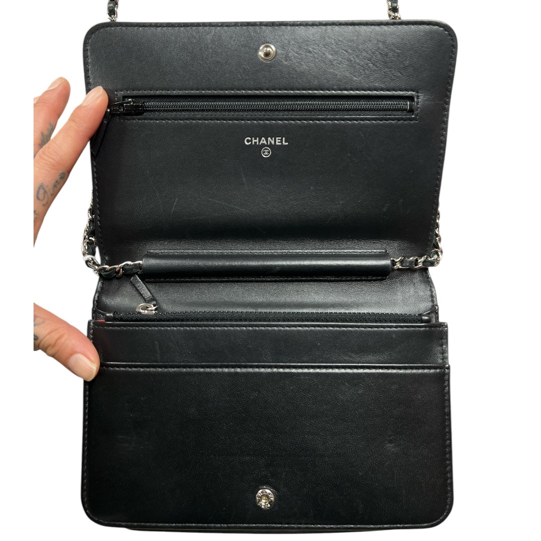 CHANEL Typography Print Chain Wallet WOC Quilted Leather Black CH2107