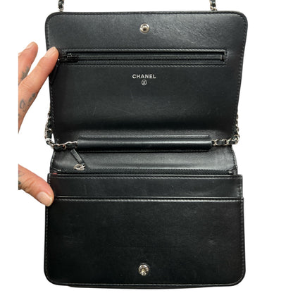CHANEL Typography Print Chain Wallet WOC Quilted Leather Black CH2107