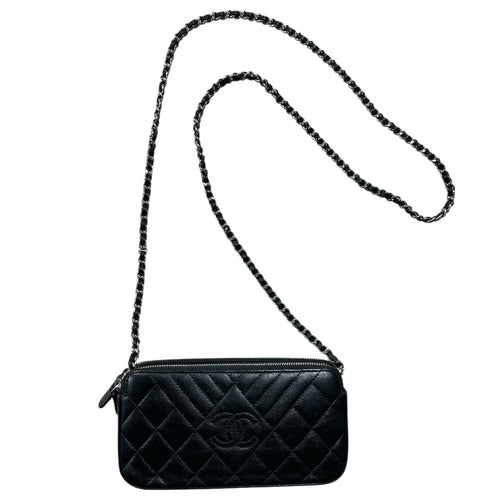 CHANEL Double Zip Chain Wallet Quilted Grained Calfskin Black  CH2108