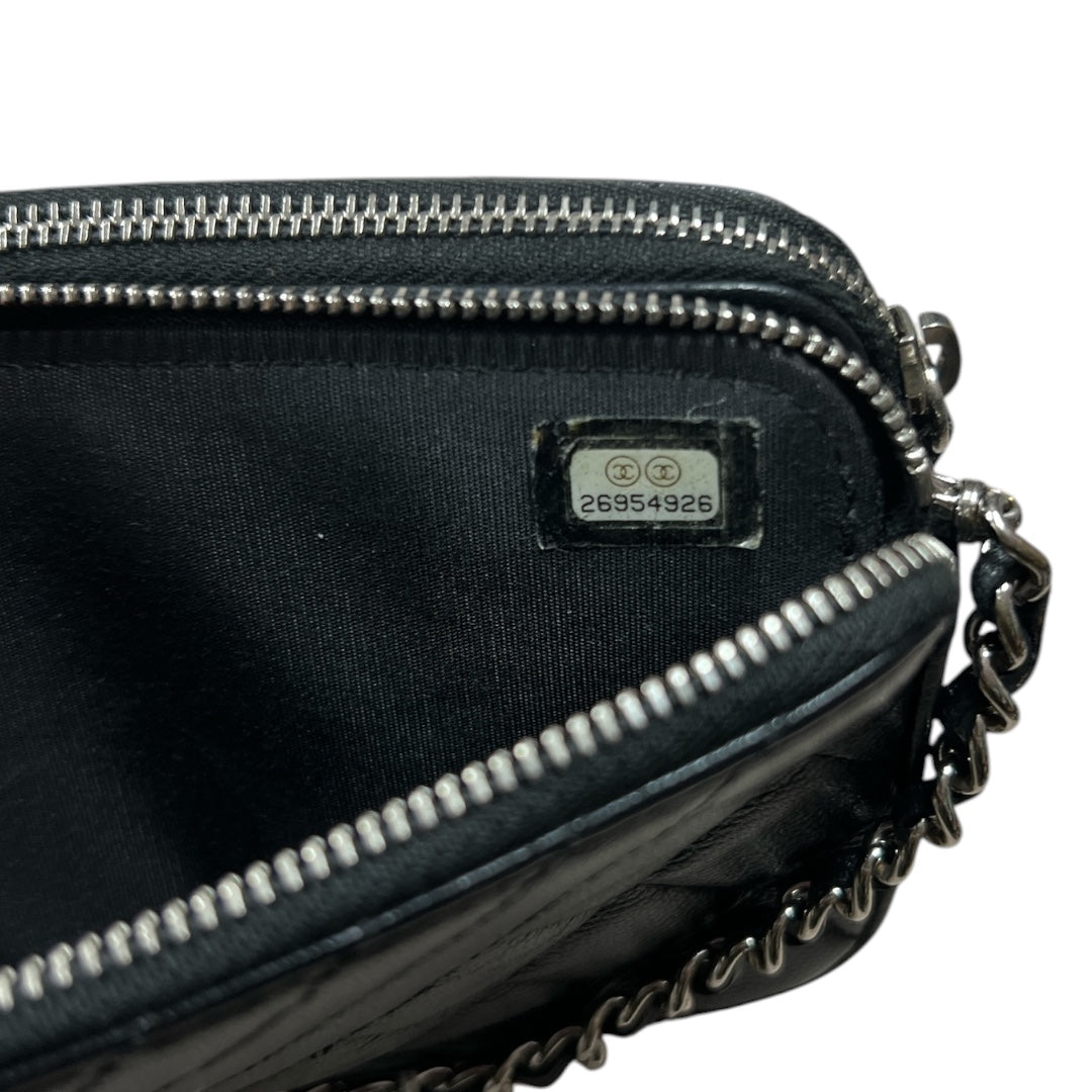 CHANEL Double Zip Chain Wallet Quilted Grained Calfskin Black CH2108
