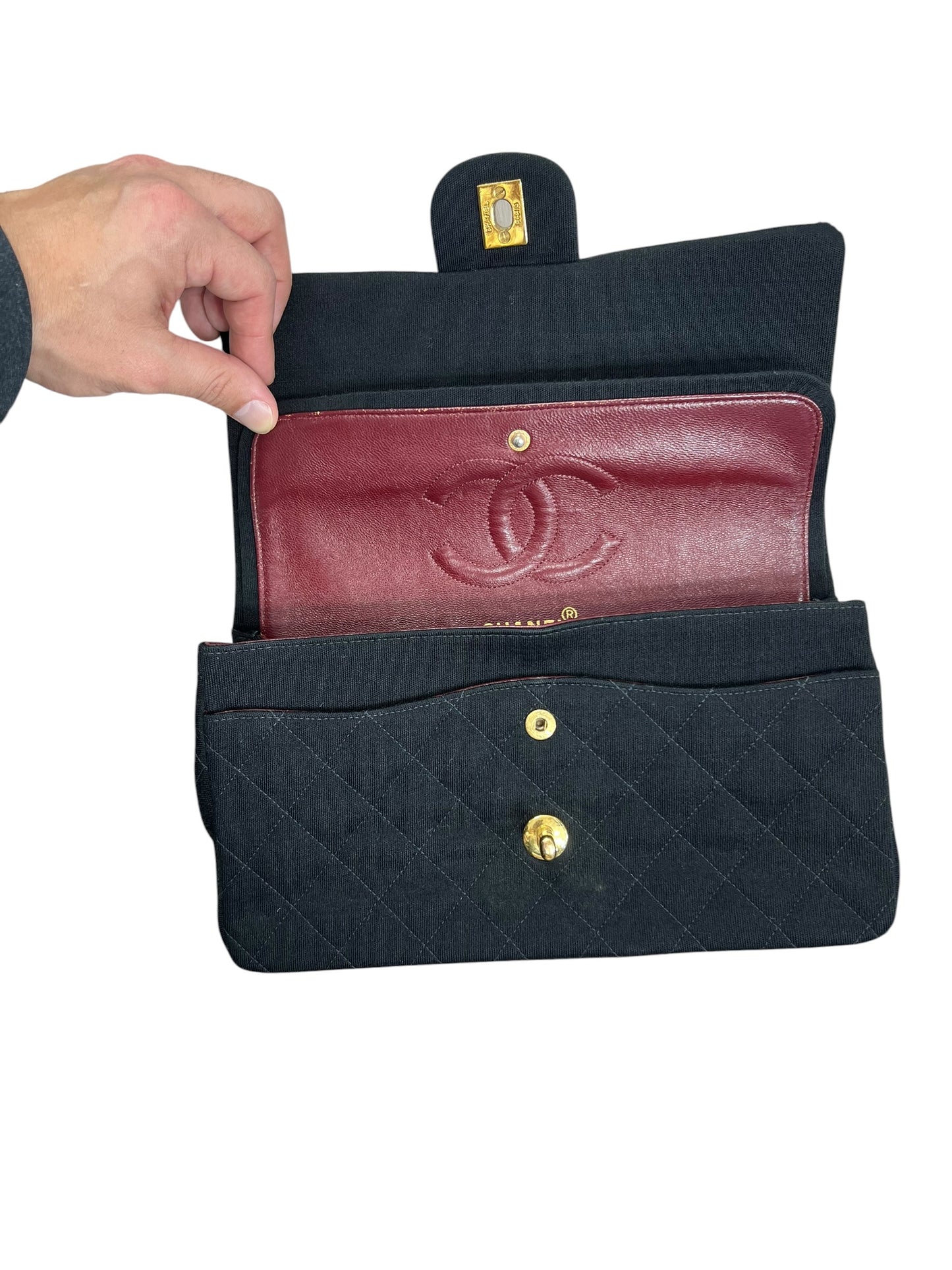 CHANEL Vintage Classic Double Flap Medium Jersey Black Gold Hardware Chain Shoulder Bag 1994-1996 CH2118