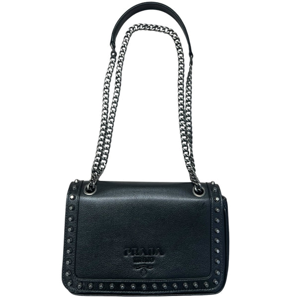 PRADA Studded Leather Flap Chain Shoulder Bag Black  PR193