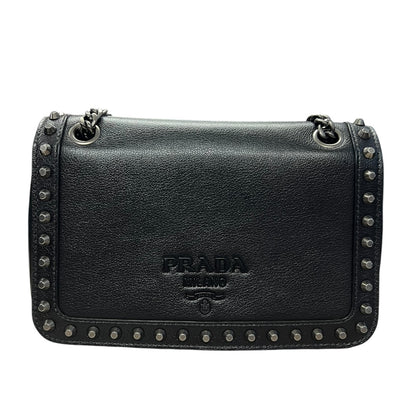 PRADA Studded Leather Flap Chain Shoulder Bag Black PR193