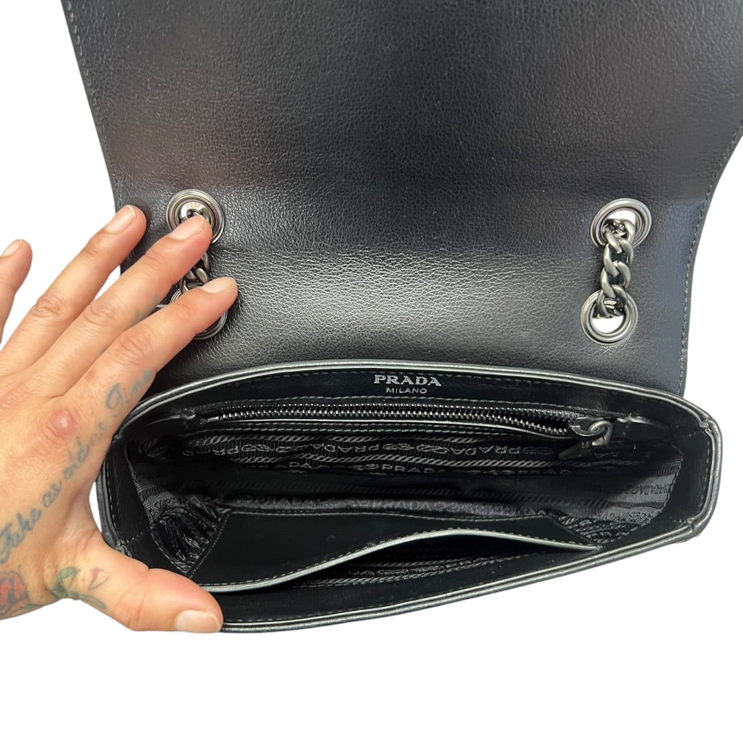 PRADA Studded Leather Flap Chain Shoulder Bag Black PR193
