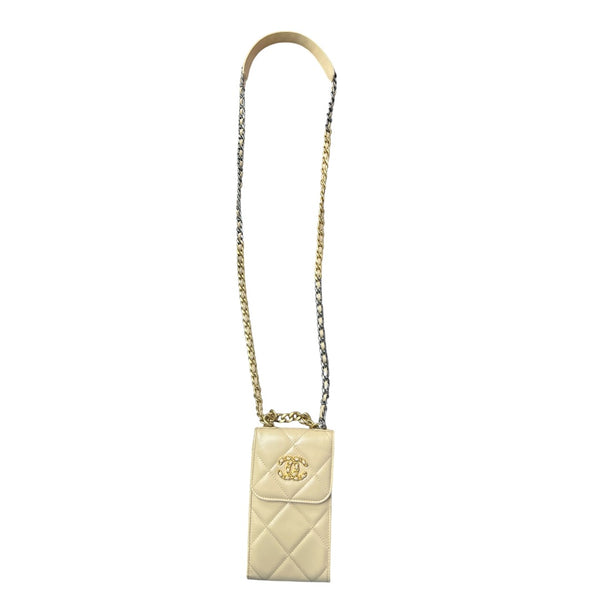 CHANEL 19 Matelasse Chain Smartphone Holder Lambskin Beige CH2146