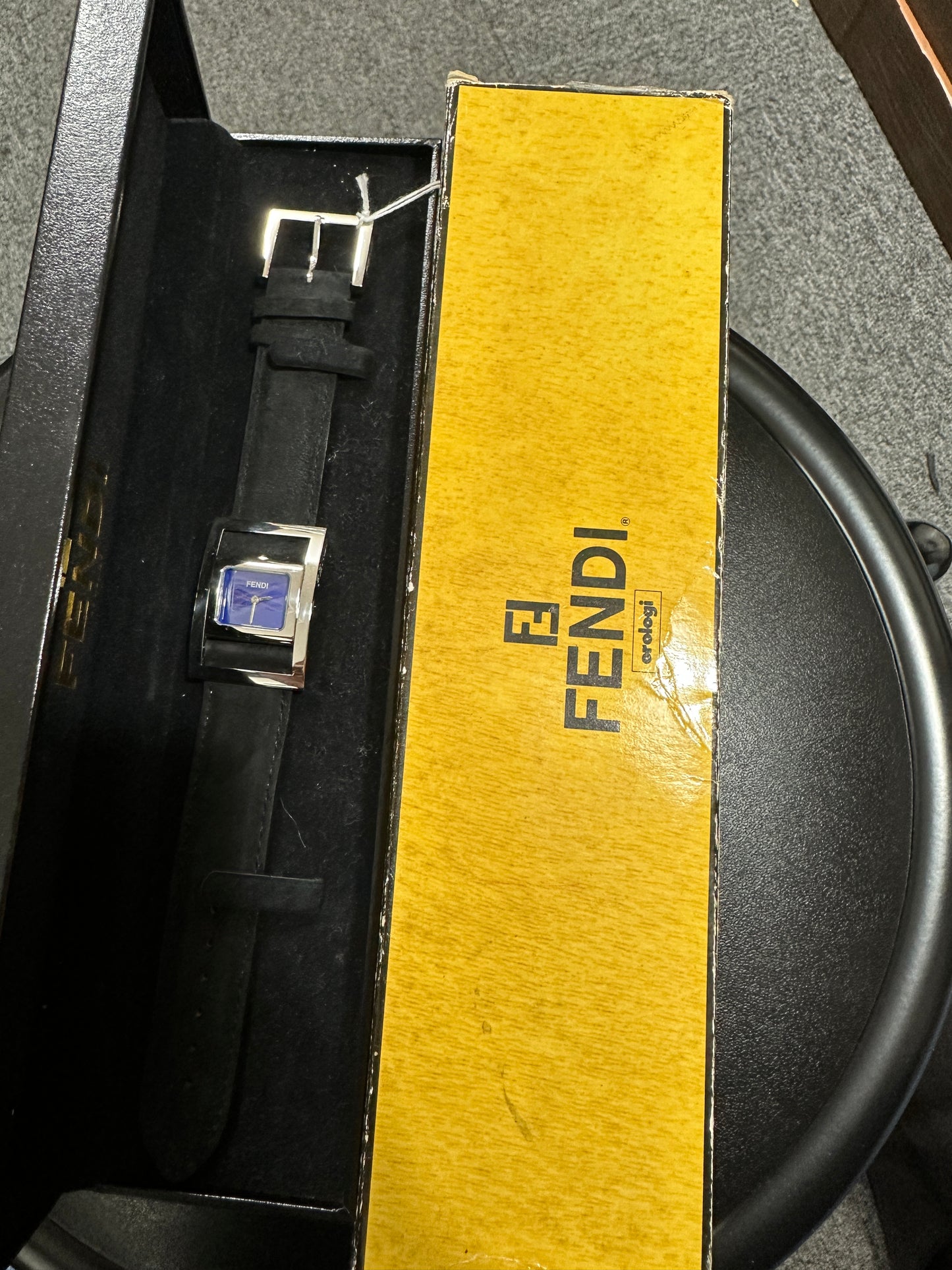 Fendi Cut-Out Square Blue Dial Stainless Steel Black Leather 17x19mm Ladies Watch - ER42