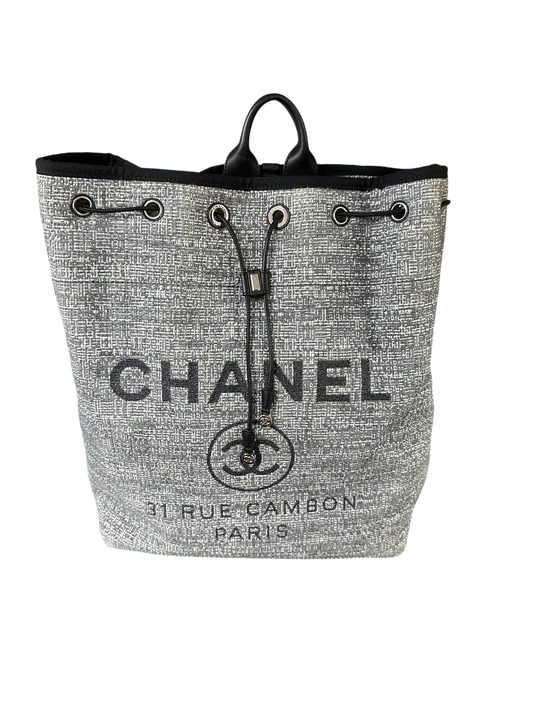 Chanel Deauville 32 Tweed Drawstring Backpack Grey Silver Hardware Series 25 - CH2078