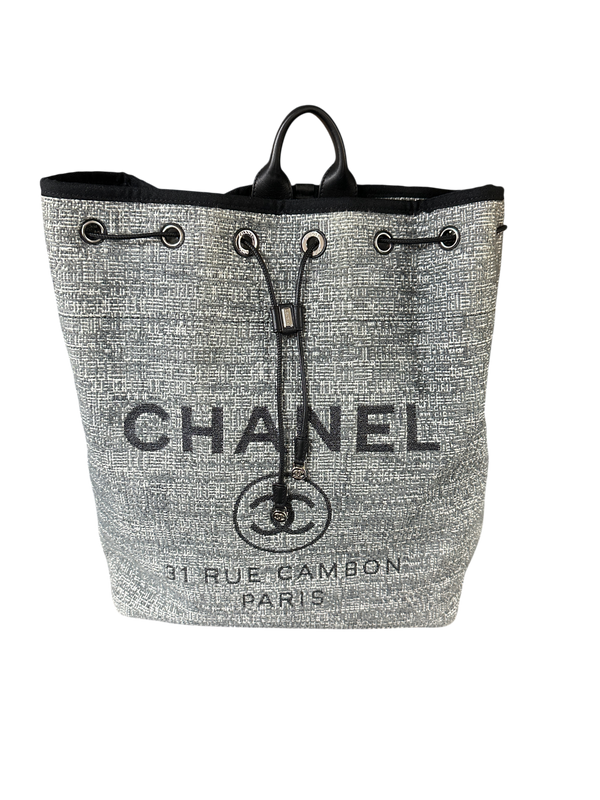 Chanel Deauville 32 Tweed Drawstring Backpack Grey Silver Hardware Series 25 - CH2078