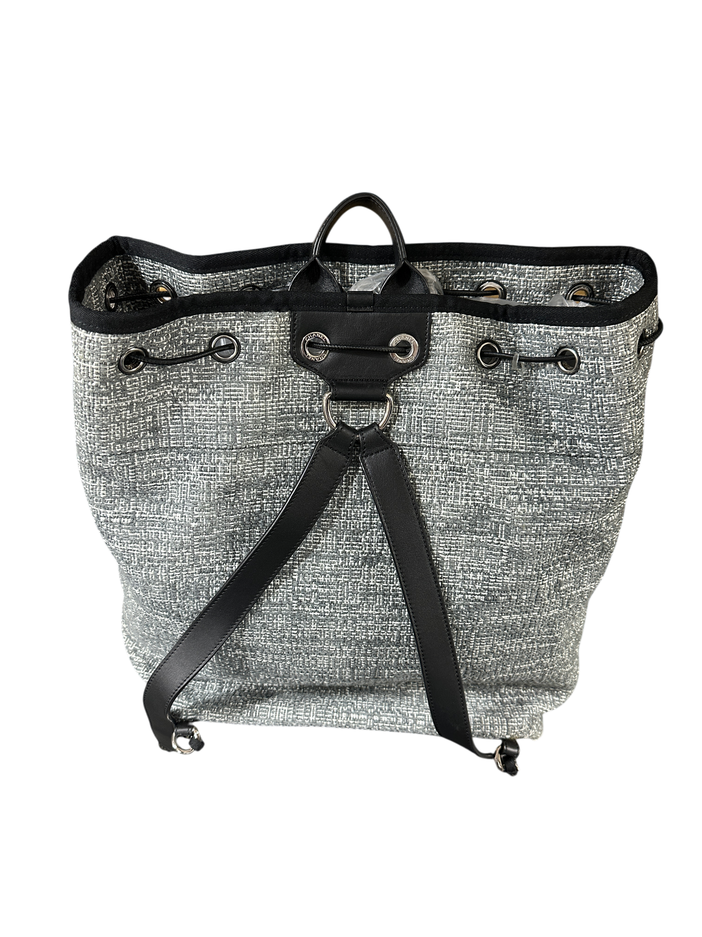 Chanel Deauville 32 Tweed Drawstring Backpack Grey Silver Hardware Series 25 - CH2078