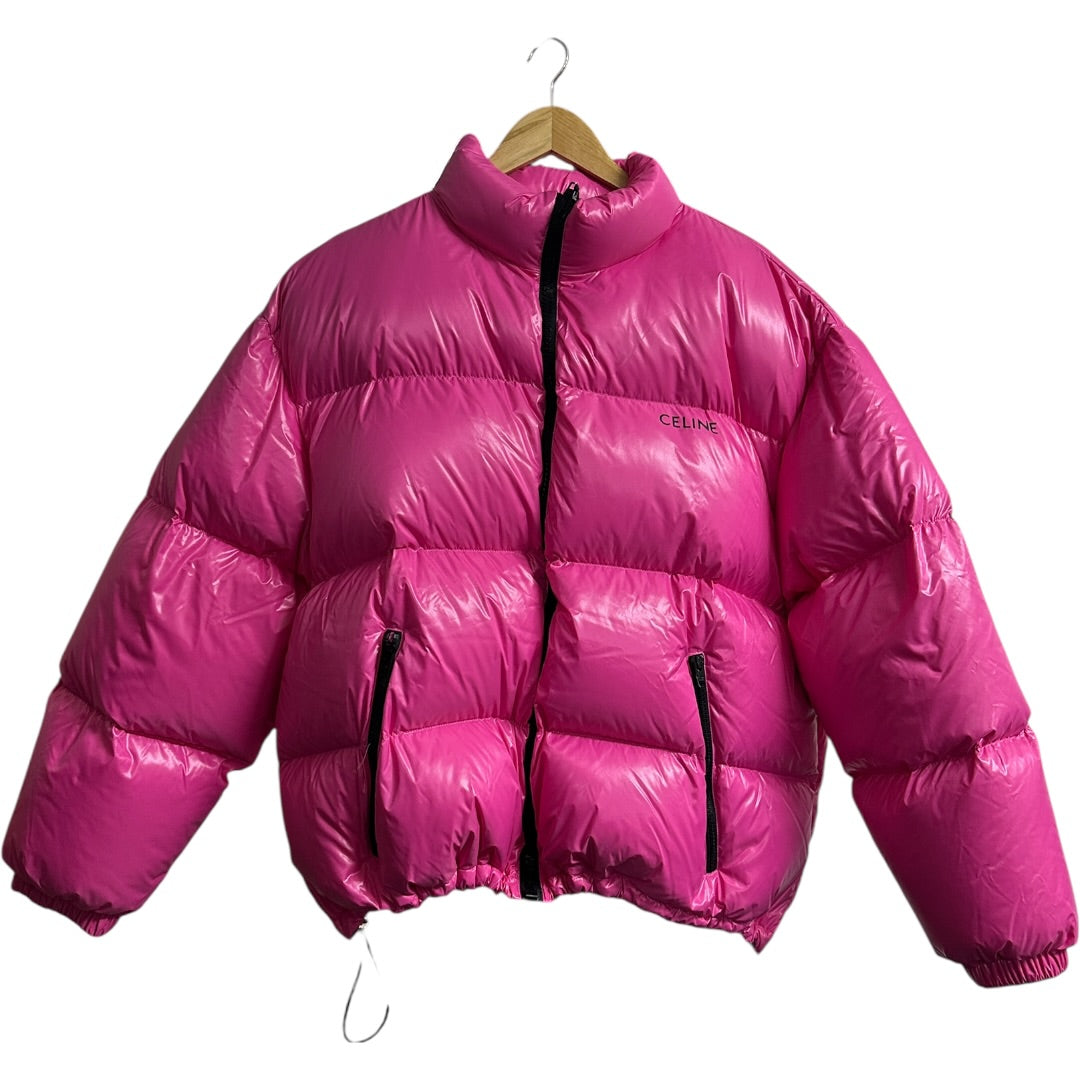 Authentic Celine Logo Puffer Jacket Pink Shiny Nylon CE250