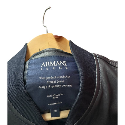 Authentic Armani Jeans Navy Leather & Fabric Bomber Jacket Made in Italy KA381