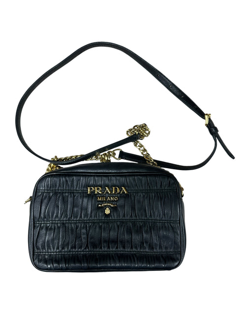 PRADA Gaufre Nappa Leather Camera Crossbody Bag Black Gold Hardware PR199