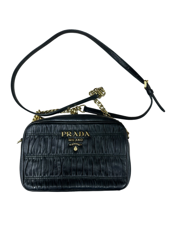 PRADA Gaufre Nappa Leather Camera Crossbody Bag Black Gold Hardware PR199