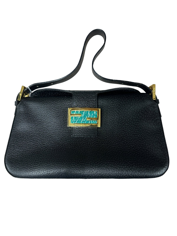 FENDI Mama Forever Grain Leather Shoulder Bag with Stone FF Buckle Black Gold Hardware FE375