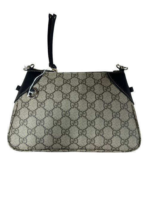 GUCCI GG Supreme Canvas Leather Trim Shoulder Bag Beige Black Silver Hardware GU598