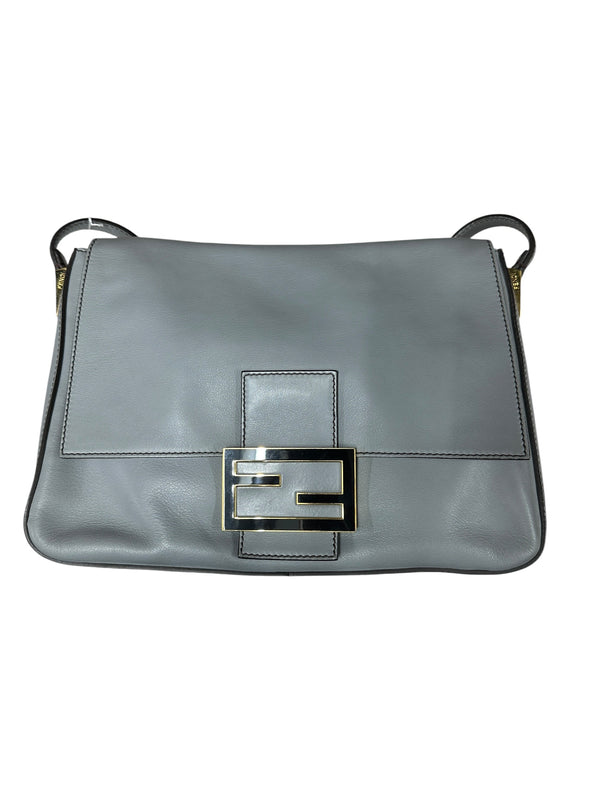 FENDI Smooth Calfskin Leather FF Buckle Shoulder Bag Grey Gold Hardware FE374