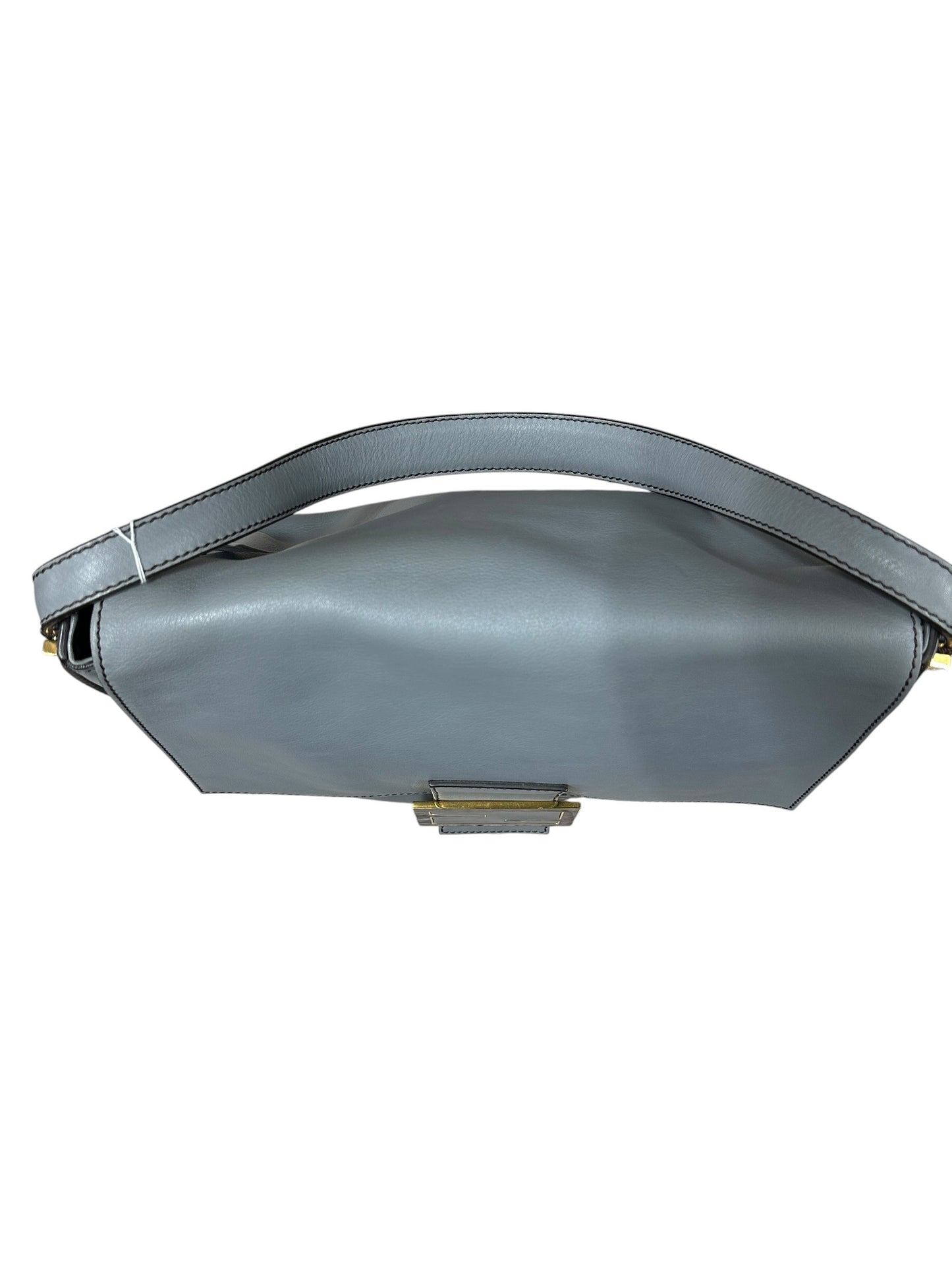FENDI Smooth Calfskin Leather FF Buckle Shoulder Bag Grey Gold Hardware FE374