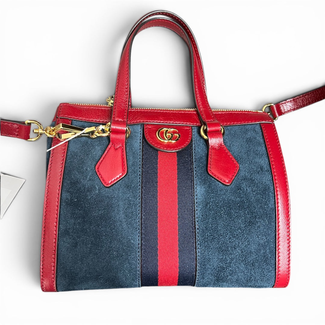 GUCCI Suede Calfskin Ophidia Tote Bag Navy Red Gold Hardware Gu665